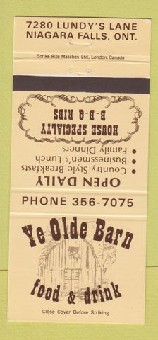Matchbook Cover - Ye Olde Barn Restaurant Niagara Falls ON 30 Strike