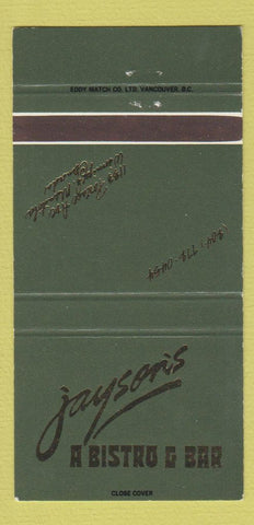 Matchbook Cover - Jayson's Bistro Bar Winnipeg MB 30 Strike