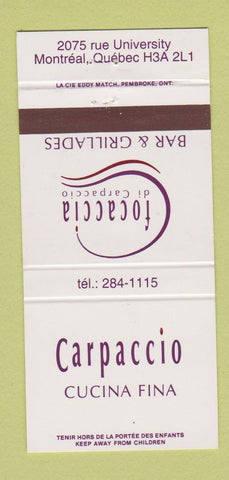 Matchbook Cover - Carpaccio Cucina Fina Montreal QC 30 Strike