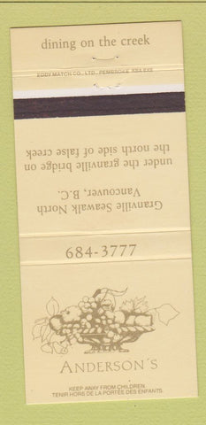 Matchbook Cover - Anderson's Vancouver BC restaurant 30 Strike