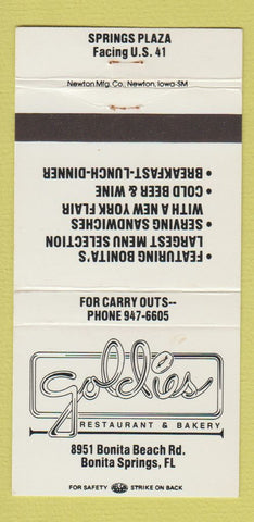 Matchbook Cover - Goldies Restaurant Bakery Bonita Springs FL 30 Strike