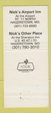 Matchbook Cover - Sheraton Inn Nick's Hagerstown MD 30 Strike