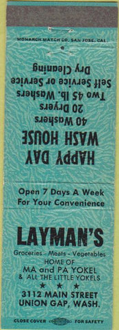 Matchbook Cover - Layman's Union Gap WA grocery laundry turquoise