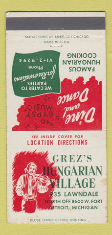 Matchbook Cover - Grez's Hungarian Village Detroit MI WEAR 30 Strike