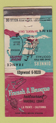 Matchbook Cover - French & Basque Restaurant La Puenta CA WORN 30 Stick
