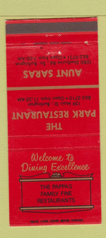 Matchbook Cover - Park Restaurant Aunt Saras Burlington VT 30 Strike