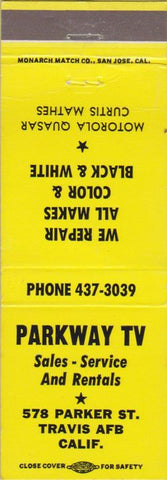 Matchbook Cover - Parkway TV Travis Air Force Base CA yellow