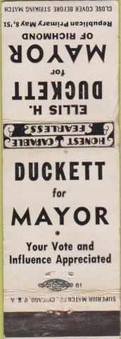 Matchbook Cover - Ellis Duckett for Mayor Richmond