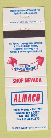 Matchbook Cover - Almaco Nevada IA Agricultural Equipment Lincoln Highway Days