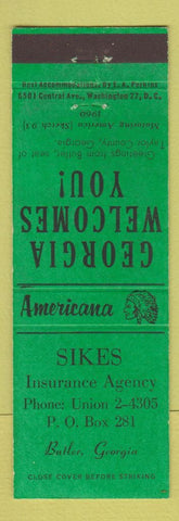 Matchbook Cover - Sikes Insurance Agency Butler GA Perkins Americana