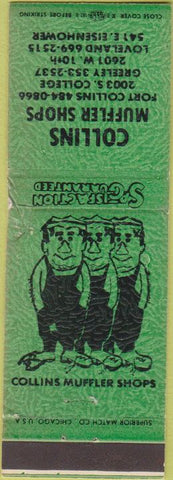 Matchbook Cover - Collins Muffler Shops Loveland Greeley CO green WEAR