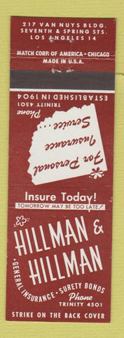 Matchbook Cover - Hillman & Hillman Insurance Los Angeles CA