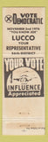 Matchbook Cover - Joe E Lucco State Rep Election