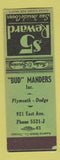 Matchbook Cover - Bud Manders Plymouth Dodge SAMPLE WEAR