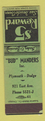Matchbook Cover - Bud Manders Plymouth Dodge SAMPLE WEAR