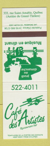 Matchbook Cover - Cafe des Artistes Restaurant Quebec QC