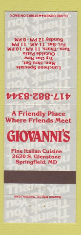 Matchbook Cover - Giovanni's Italian Restaurant Springfield MD