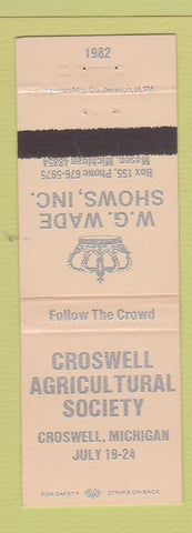 Matchbook Cover - Croswell Agricultural Society MI WG Wade Shows Mason MI