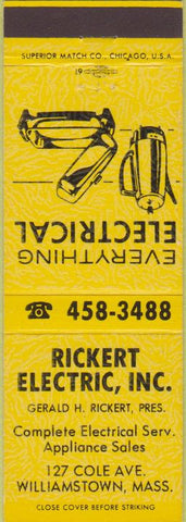 Matchbook Cover - Rickert Electric Williamstown MA yellow