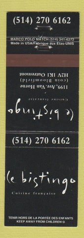 Matchbook Cover - Le Bistingo French Restaurant Outremont QC
