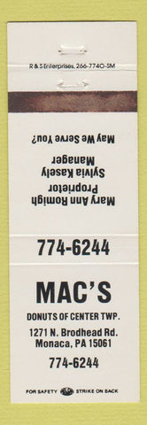 Matchbook Cover - Mac's Donuts Monaca PA