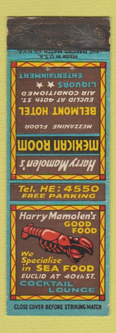 Matchbook Cover - Harry Mamolen's Restaurant Belmont Hotel Cleveland OH