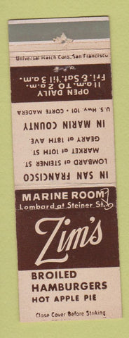 Matchbook Cover - Zim's Hamburgers Corte Madera CA San Francsico
