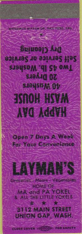 Matchbook Cover - Layman's Union Gap WA grocery laundry purple