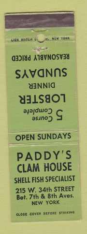 Matchbook Cover - Paddy's Clam House New York City