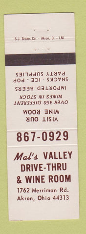 Matchbook Cover - Mal's Valley Drive Thru Liquors Akron OH