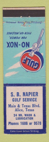 Matchbook Cover - Gulf oil gas SB Napier Alice TX