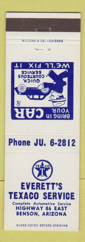 Matchbook Cover - Everett's Texaco oil gas Benson AZ