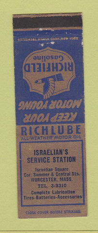 Matchbook Cover - Richfield oil gas Israelian's Worcester MA