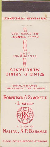 Matchbook Cover - Robertson Wine Spirits Nassau Bahamas