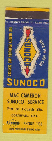 Matchbook Cover - Mac Cameron Sunoco oil gas Cornwall ON