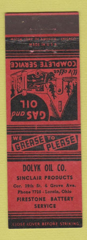 Matchbook Cover - Dolyk Oil Sinclair gas Firestone Battery Lorain OH