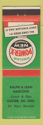 Matchbook Cover - Sinclair oil gas Ralph & Leah Hancock Custer SD