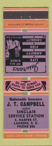 Matchbook Cover - JT Campbell Sinclair oil gas Insurance Laurens SC