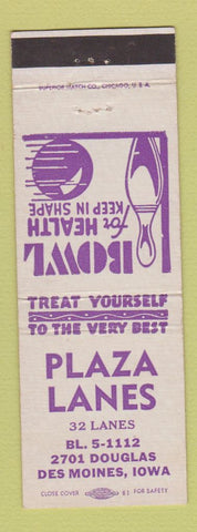 Matchbook Cover - Plaza Lanes Bowling Des Moines IA