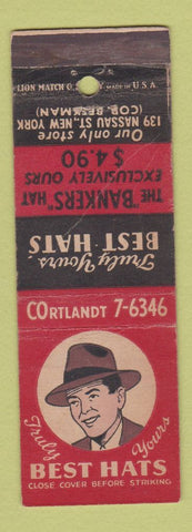 Matchbook Cover - Best Hats Bankers Hat New York City WEAR