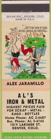 Matchbook Cover - Al's Iron Metal Denver CO hillbilly