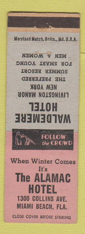Matchbook Cover - Alamac Hotel Miami Beach FL Waldemere Livingston Manor NY