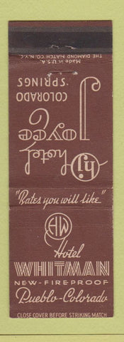 Matchbook Cover - Hotel Whitman Pueblo Colorado Joyce Colorado Springs