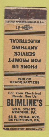 Matchbook Cover - Blimline's Radio Philco Boyerton Rading PA electrical