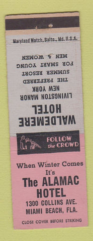 Matchbook Cover - Alamac Hotel Miami Beach FL Waldemere Livingston Manor NY