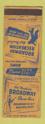 Matchbook Cover - Broadway Recreation Art Narlock Bay City MI WORN