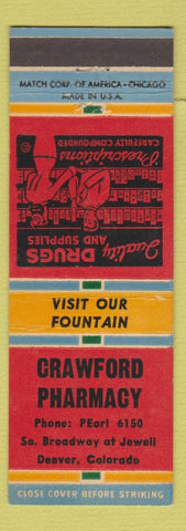 Matchbook Cover - Crawford Pharmacy Drugs Denver Colorado