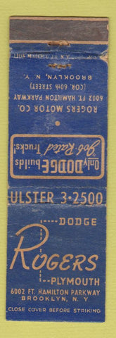 Matchbook Cover - Rogers Dodge Plymouth Brooklyn NY WORN
