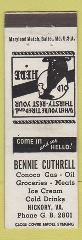 Matchbook Cover - Bennie Cuthrell Conoco oil gas Hickory VA