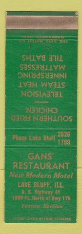 Matchbook Cover - Gans Restaurant Lake Bluff IL SAMPLE WEAR